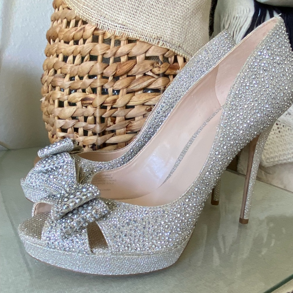 I-N-C - Silver Rhinestone Peep Toe with bow, Stiletto Size US 12